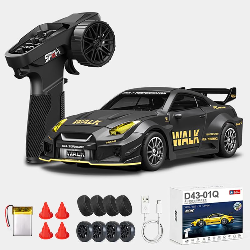 1:43 RC Drift Car, 2.4G Full Proportional 4WD Alloy 20KM/H High Speed RC Racing Car with Gyro, Silent Bearings, Adjustable Speed & Lighting(Q9/Dark Gray/D43-02)