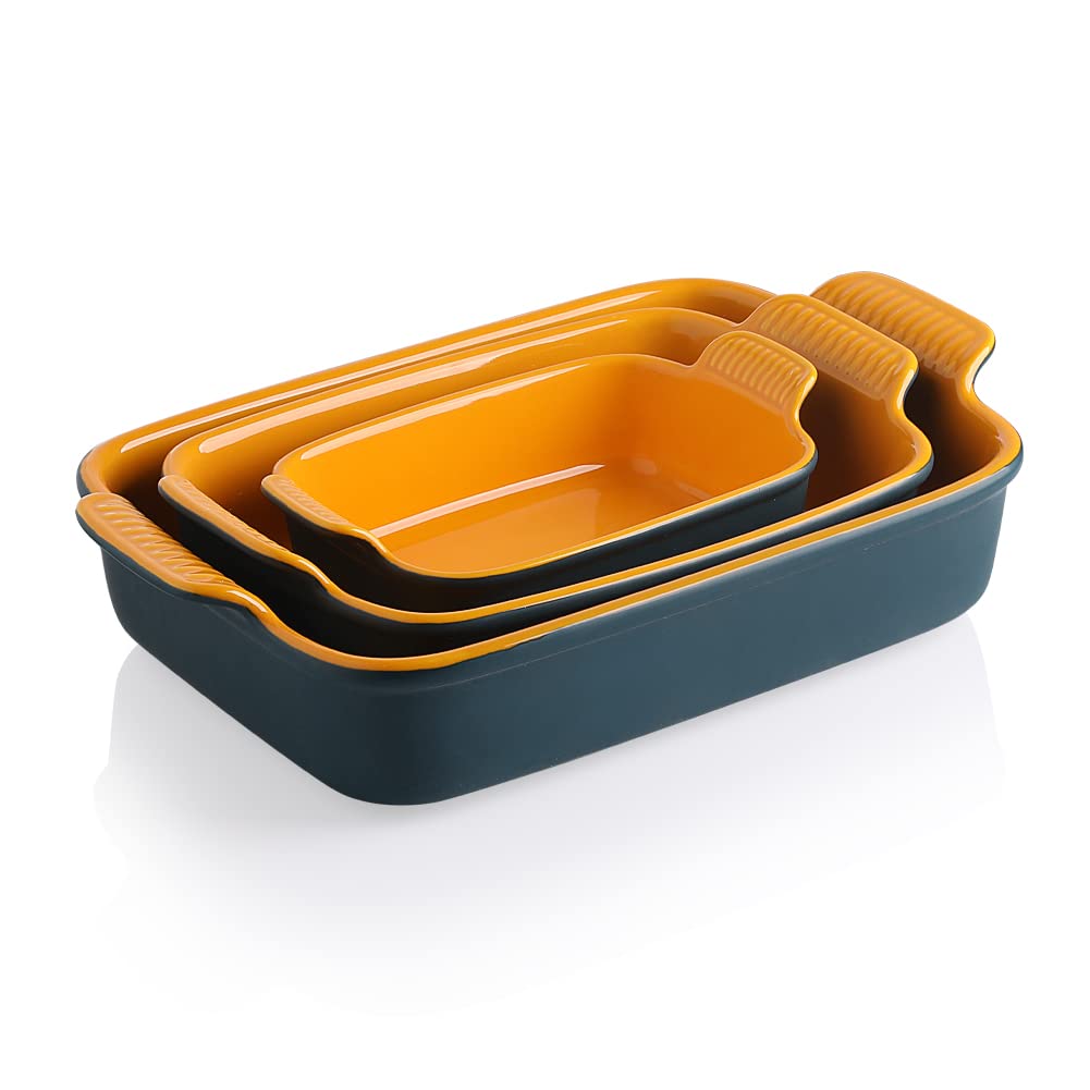 Sweejar Juego de 3 sartenes para hornear, de cerámica de 9 x 13 pulgadas con asa, cacerolas rectangulares para horno, juegos de 3, sartenes duraderas para lasaña para cocina, banquete, regalo de boda
