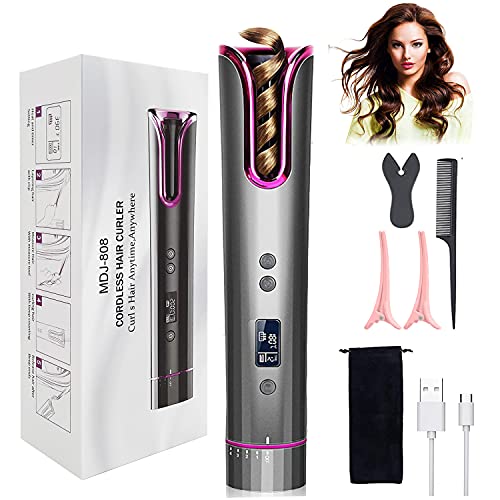 Cordless Automatic Hair Curler,Automatic Curling Iron with LCD Display and 4 Adjustable Temperature,Portable USB Rechargeable Anti-Tangle Hair Curler,Fast Heating for Hair Styling