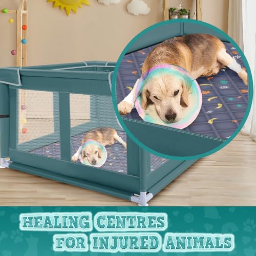 Image of XVISHX 42x42 Inches Puppy Playpen with Dog Pads, Dog Playpen for Puppies or Small Dogs, Pet Playpen for Indoor & Outdoor, Thickened Fabric, High-Strength Nylon Wire Mesh, Bluish Green