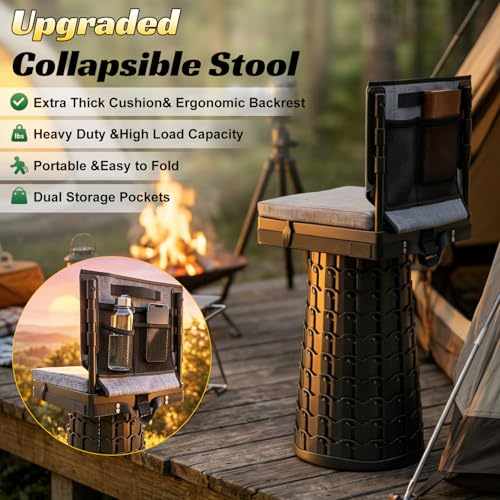 Image of Upgraded Collapsible Stool with Backrest & Extra Thick Cushion,1000lbs Max Weight,Heavy Duty Portable Folding Outdoor Chair with Dual Storage Pockets,Telescoping Seat for Camping,Fishing & Travel,Yard