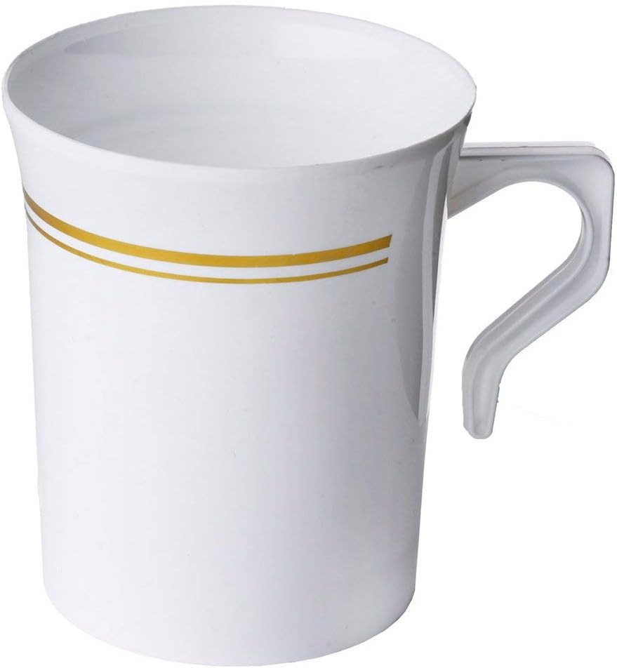BloominGoods 50 Heavyweight Disposable White Plastic 8 oz. Coffee Mugs with Gold Trim | Tea, Cappuccino, Espresso Cups with Handles (50-Pack)