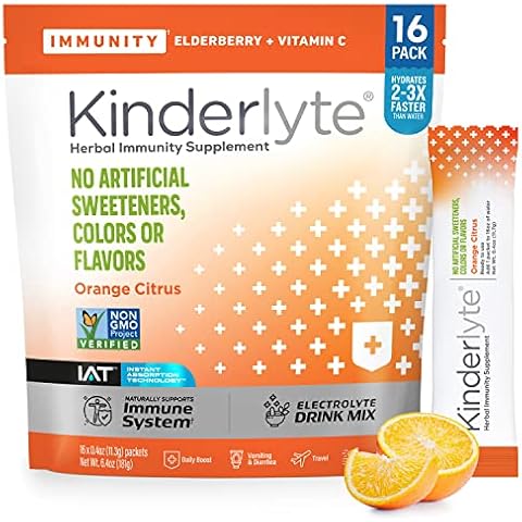 Kinderlyte Immunity: Immune Support Hydration Supplement, Plant Powered Blend, Electrolyte Drink Mix, Elderberry, Turmeric, Vitamin D3 (Orange Citrus, 16 Count) Cover