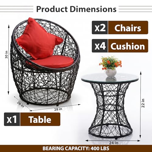 Image of OUTLIVING Outdoor Two Seater Rattan & Wicker Conversation Mudda Set | UV & Water Resistant Patio & Garden Furniture Set with 4 Cushion, 2 Chairs & Center Table with Glass Top| Black & Red