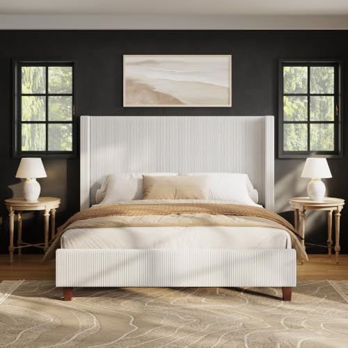 Image of HOWE Queen Size Bed Frame with 50.8 Inch Corduroy Wingback Headboard, Cream | Modern Upholstered Platform Bed, Solid Wood Slats, No Box Spring Needed, Noise-Reducing Design