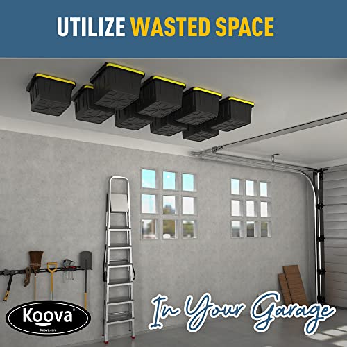 Image of Koova Heavy-Duty Overhead Garage Storage Rack for 9 Bins. Adjustable Width, 360lb Capacity. DIY Safe Mount, Easy Install. Fits 27-Gallon Totes. USA Made Pro-Grade Steel. Space Saving Organizer