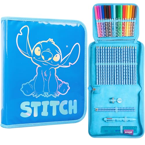 Disney Stitch Pencil Case for Girls Kids Tweens Colored Pencils Markers Pen Eraser Ruler Frozen School Supplies Stationary Gifts for Girls (Blue Stitch 1 Compartment)