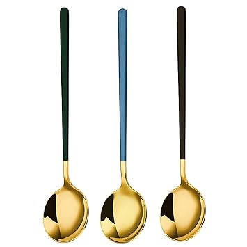 304 Stainless Steel Golden Spoons for Soup Round Colorful Dinner Spoons Long Handle Table Spoon (Set of 3)