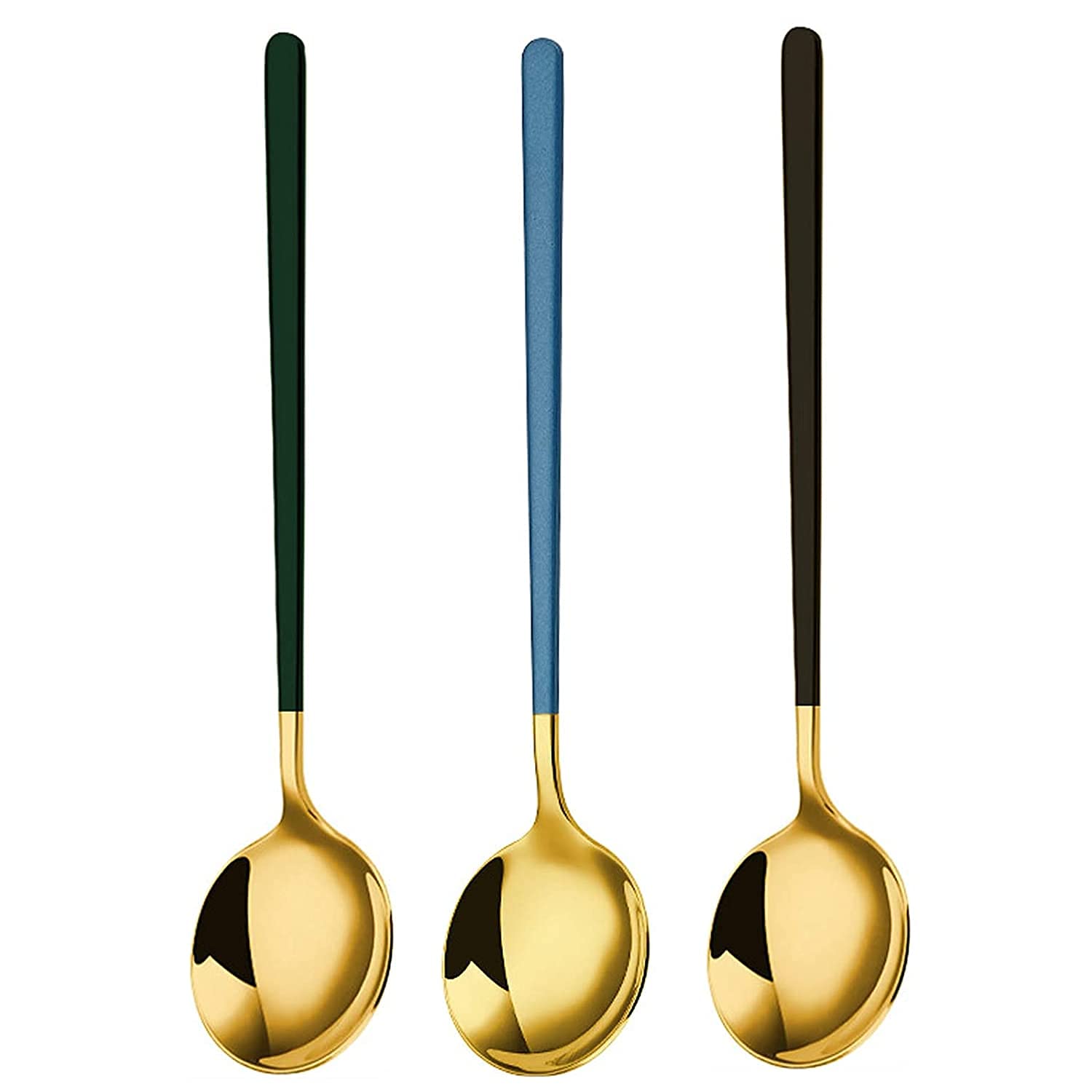 Primetan 304 Stainless Steel Golden Spoons for Soup Round Colorful Dinner Spoons Long Handle Table Spoon (Set of 3)