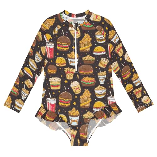 Girls One Piece Swimsuit Long Sleeve Rash Guard Girls' Swimwear Sport Bathing Suit Sun Protection, Colorful Fast Food, 4T