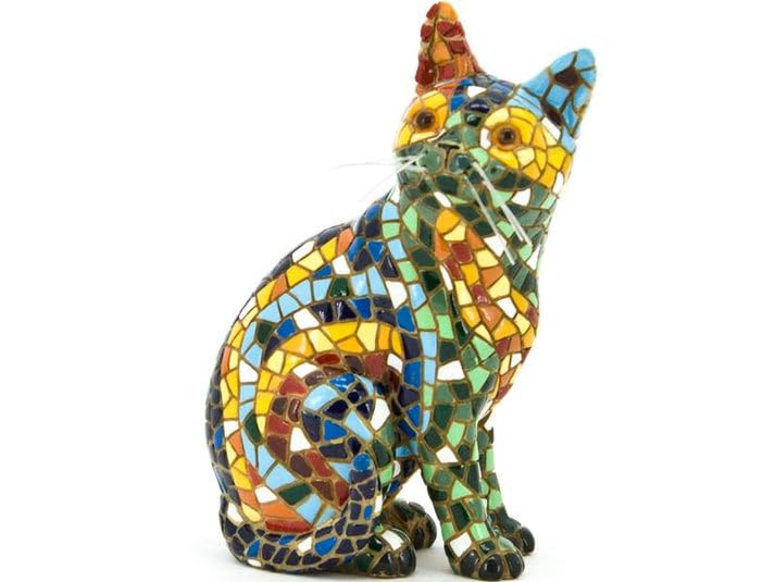 Laure TERRIER Barcino mosaic cat statue. Hand-painted and signed object. Height 10 centimetres