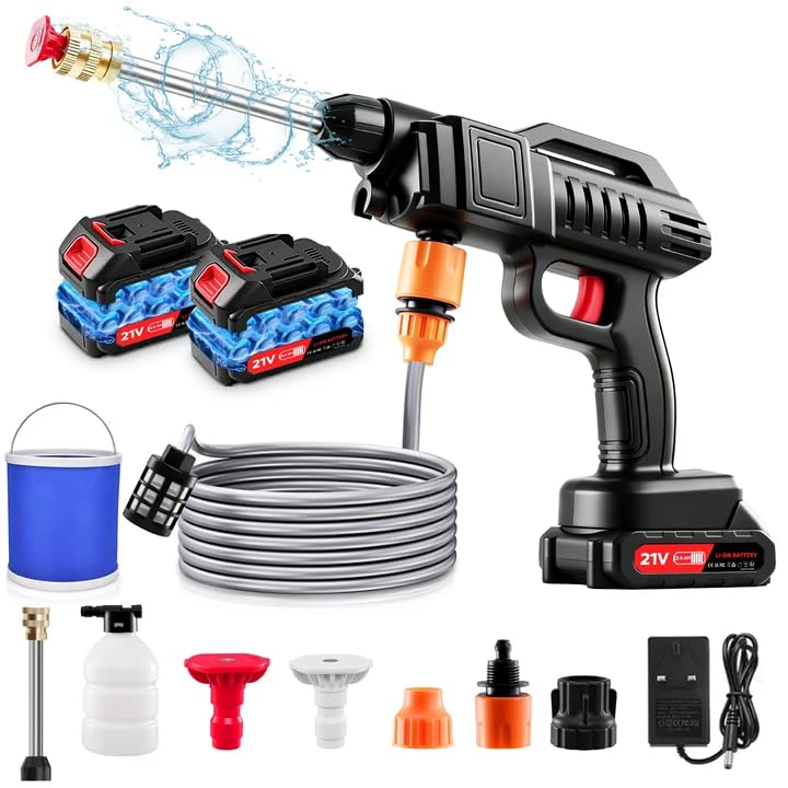 Cordless Pressure Washer,21V Power Washer High,60Bar Portable Power Washer with 2 x 2.0Ah Batteries,2 Nozzle,5M Hose,Battery Pressure Washer Kit for Washing Cars/Floor/Garden Cleaning & Watering