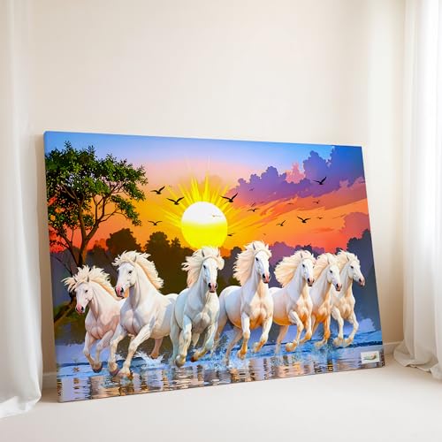 Image of 7 Horses Painting - 24 x 36 Inch Rising Sun Canvas Painting for Wall Decoration | 400 GSM Canvas with Pine Wood Frame | Seven Horse Vastu Wall Decor for Living Room, Office & Bedroom