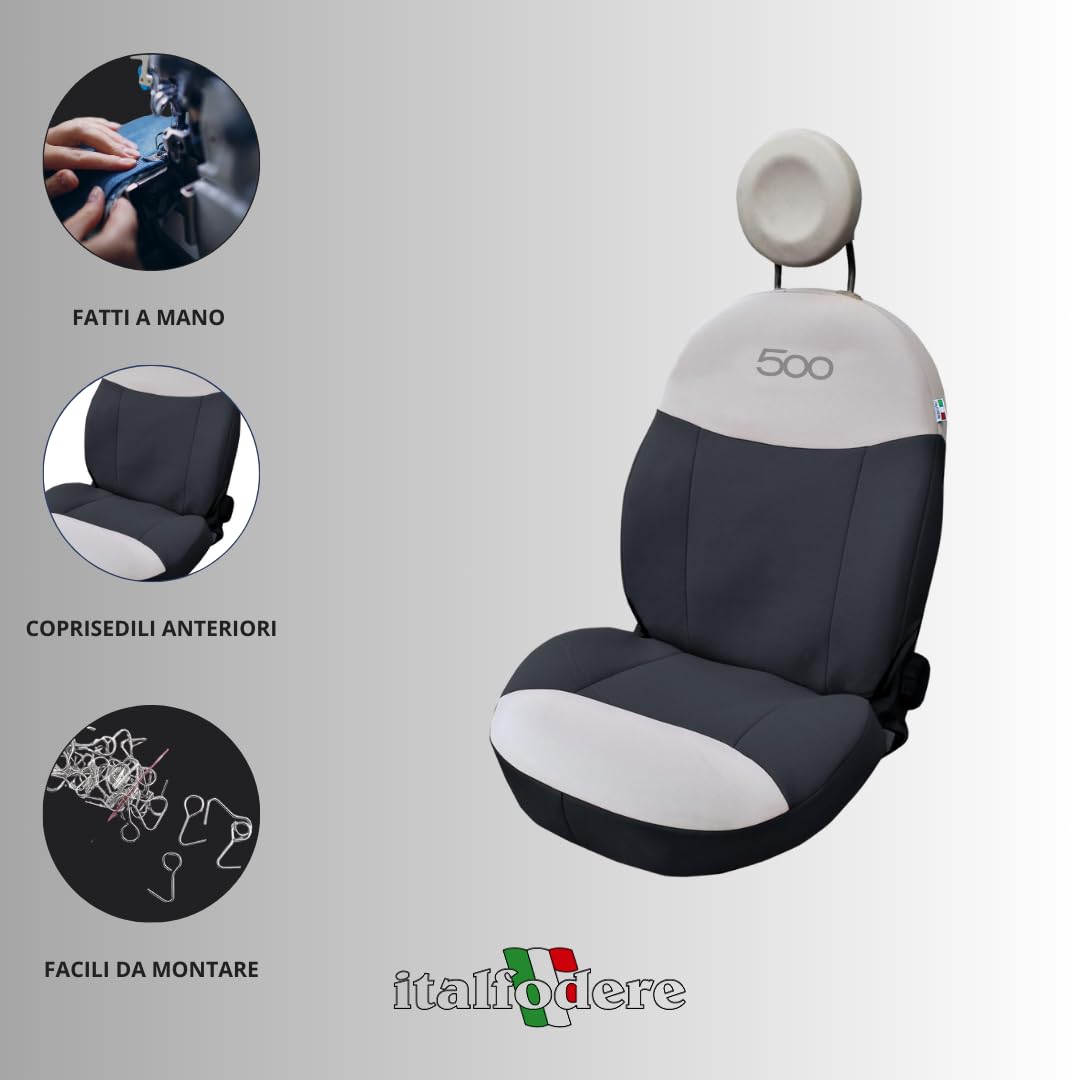 Italfodere - Coppia Coprisedili Auto Anteriori Compatibili con Fiat 500 dal 2007 in poi - Accessori Auto Interni - Cotone Accoppiato - Confortevoli e Resistenti - Made in Italy - Antracite e Panna