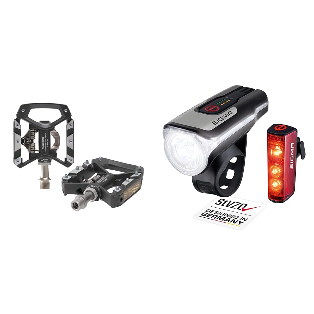 Shimano DEORE XT PD-T8000 Pedal Trekking, Schwarz, One Size & Sigma Sport - LED Fahrradlicht Set Aura 80 und Blaze | StVZO zugelassenes