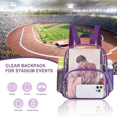Image of Busiuw Clear Backpack for Stadium Events Clear Backpack 12x12x6 with Front Pocket for Concert Sport Events Work Travel (Purple)