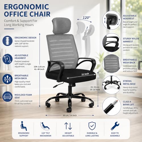 Image of HIGHLIVING Ergonomic Office Chair | Adjustable Headrest | 120 Tilt | Breathable Mesh Back | Moulded Foam Seat | Class 4 Gas Lift | Metal Base | High Back Computer Chair for Home & Office