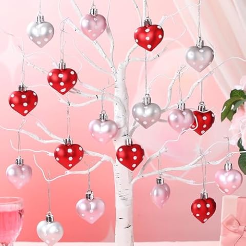 Daifunli 24 Pcs Valentine's Day Heart Ornament Valentine's Day Decoration for Tree Plastic Dot Heart Bauble Mini Valentine Tree Ornament Romantic Hanging Heart Decor for Home(Red, Pink, Silver) Cover
