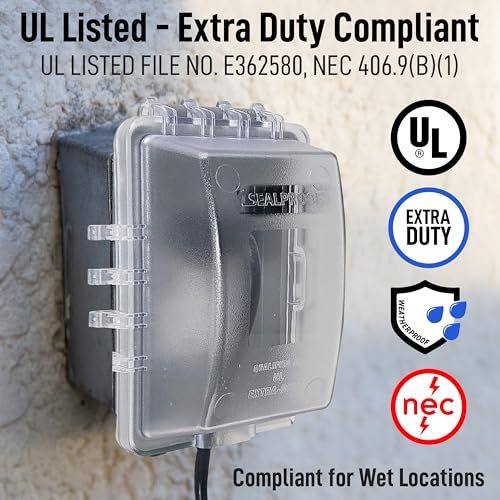 Image of Sealproof 1-Gang Weatherproof Exterior in Use Outlet Cover and Box Kit - Metallic Electrical Outlet Box and UL Extra Duty, Lockable, in Use Outdoor Outlet Cover - Horizontal /Vertical Use (Pack of 2)