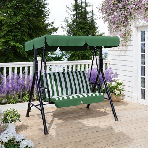 Image of Garvee Outdoor Porch Swing with Adjustable Canopy, 3-Seat Patio Swing Chair with Stand, Heavy Duty Outdoor Swing for Adults, Metal Frame Patio Swing for Garden, Backyard & Poolside,Striped Green