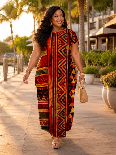 Image of Plus Size Maxi Dress for Women Short Sleeve V Neck Casual Loose Sundress with Pockets