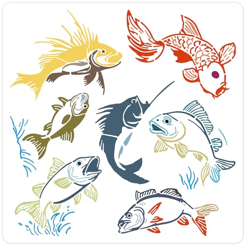 GORGECRAFT Grand Pochoir Poisson 30 x 30cm PET Réutilisable Creux Mer Océan Animal Pêcheur Décoration Peinture Dessin Modèle Pochoirs pour Peinture Bois Mur Tissu Toile Meubles Bricolage Art Artisanat