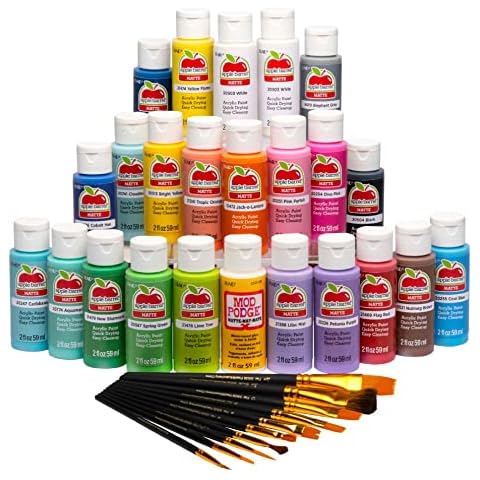 Apple Barrel Art Lessons Paint and Brush Set, 34 pc Kit Including 23 2 fl oz Apple Barrel Acrylic Paint Colors, 1 2 fl oz bottle of Mod Podge Matte, 10 FolkArt Brushes, 6 Video Lessons And More Cover