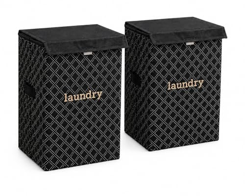 Image of QUAIL 75L Foldable Laundry Basket with Lid for Clothes | Laundry Storage Bin with Handles | Waterproof, Collapsible Laundry Hamper for Bedroom, Bathroom & Home Use (Set of 2, Black Pattern Design)