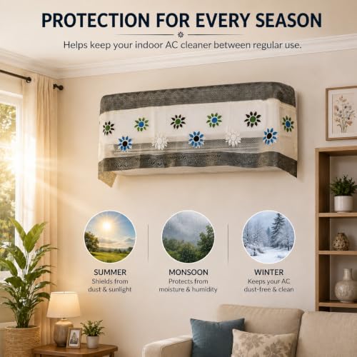 Image of Cotton Net Split AC Cover Indoor Unit for 1.5 Ton Capacity AC, Premium Work Indoor AC Dust Protection Cover Designer Summer Ac Cover for 1.5 Ton Ac (Grey Flower)
