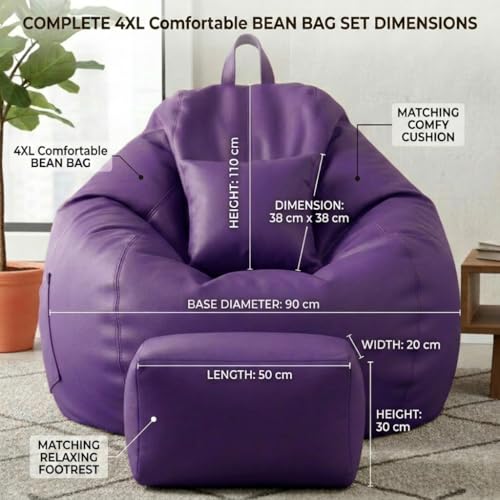 Image of KAM'S LIEU 5XL Luxury Faux Leather Bean Bag with Footrest & Cushion | Pre-Filled High-Density Polystyrene Beans | Premium Leatherette | 6 Months Warranty Color- (Purple, with Footrest)