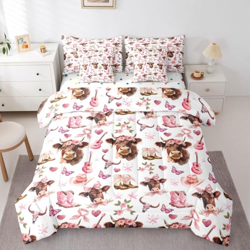 Image of Bow Highland Cow King Size Bedding Sets with Sheets,Comforter,Pillowcases,Pillow Covers 7 Pcs Cartoon Butterfly Heart Flowers Romantic Comforter Set Pink Cowboy Boots Southwestern Bedroom Dorm Bed Set