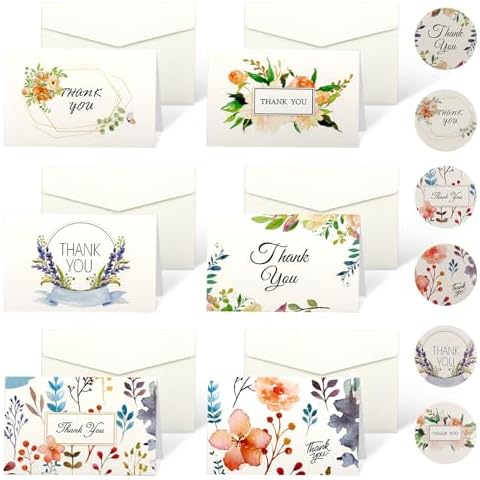 12 Pack Floral Thank You Cards with Envelopes Cover