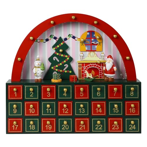 Image of MorTime 24 Day Advent Calendar with 24 Storage Drawers, LED Lighted Wooden Arch Door House Countdown to Christmas Calendar Decoration, red