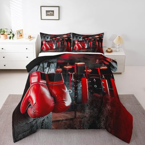 Image of Feelyou Boxing Bedding Set Sports Theme Comforter Set for Kids Boys Girls Men Red Boxing Gloves Pattern Comforter Pugilism Games Vintage Decor Quilt Set with 2 Pillowcases 3Pcs Bedding Queen