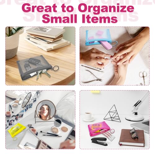 Mini Mesh Pouches(4 Pack), Small Mesh Bags with Zipper Nylon Makeup Pouches Bag Cosmetic Pouch Travel Purse Organizer Insert Diaper Inside Bag Organizers Home Organizing Size See Through Cute Colors4