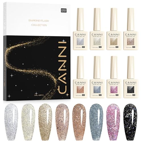 CANNI Esmaltes Semipermanentes de Uñas en Gel 8 Color brillantina plata dorado marrón rosa morado azul negro UV Gel Kit Gel Nail Polish Esmalte Uñas Valentín Kit Uñas Semipermanentes Set