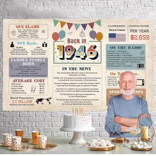 Image of Crenics 80th Birthday Decorations for Men or Women, Vintage Back in 1946 Banner Backdrop 5.9 x 3.6 Ft, 80 Years Old Birthday Party Supplies