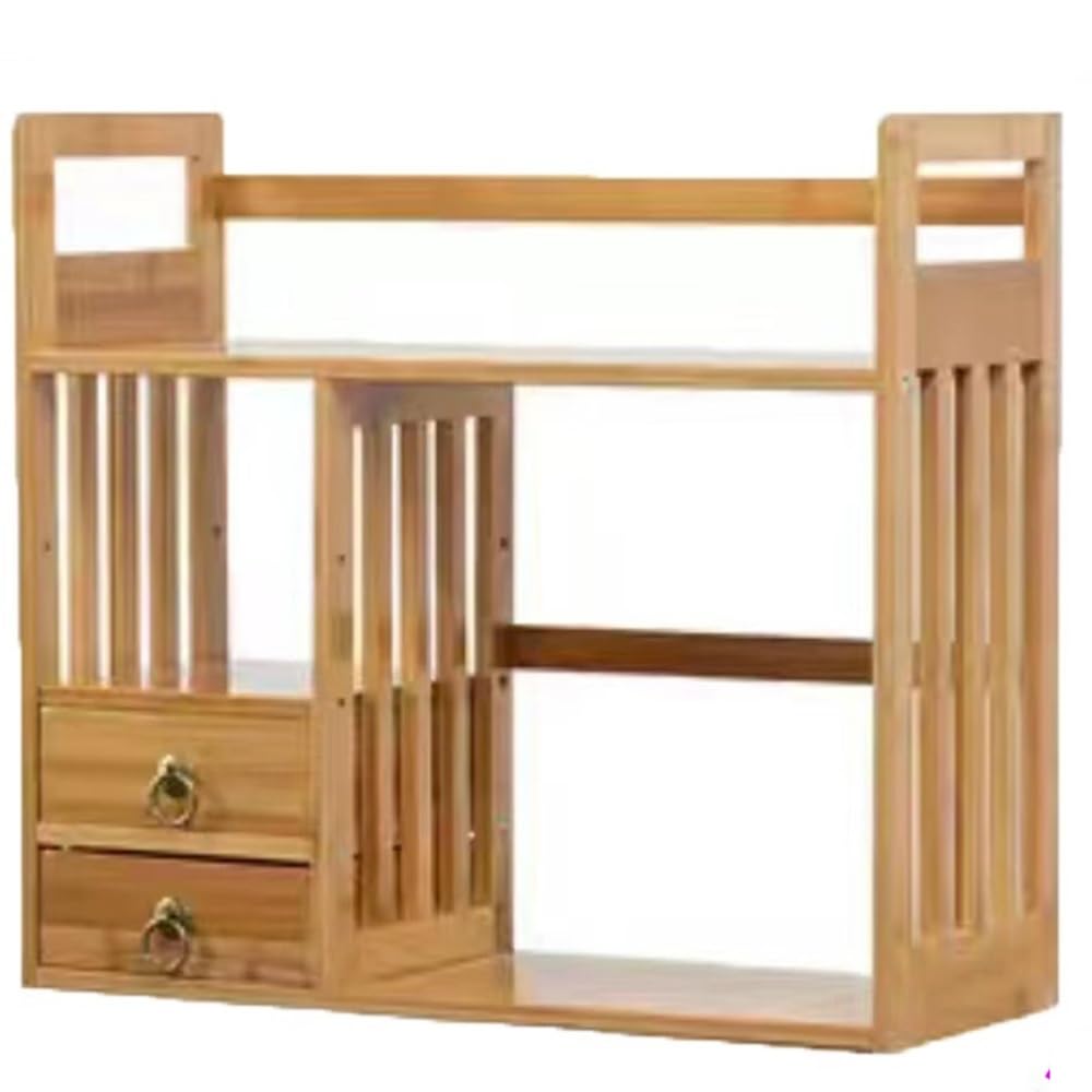 CWCQGH Walnut Bamboo Desktop Bookshelf Organizer with Drawers, Office Storage Shelf Rack, 20in Desk Display for Books and Office Supplies, Stylish Home & Office Decor,Natural-50cm/20in+2 Drawers