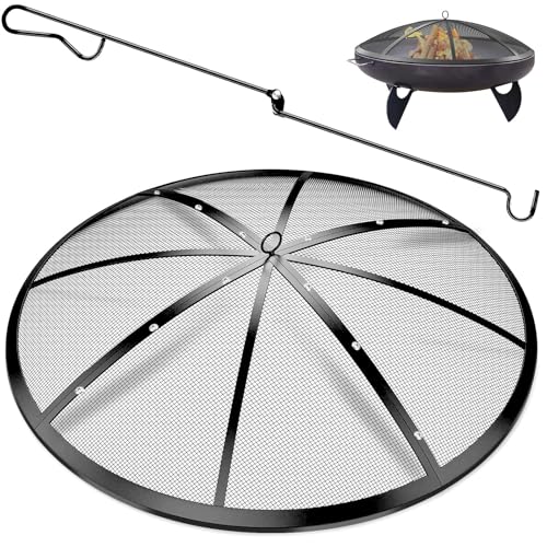 Fire Pit Spark Screen, 24Inch Fire Pit Lid Outdoor with Handle & Poker, Heavy-Duty Mesh Firepit Cove...