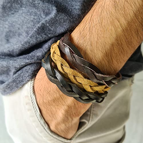 Pulseira Bracelete Masculina Marrom Em Couro Trançado Ajustável