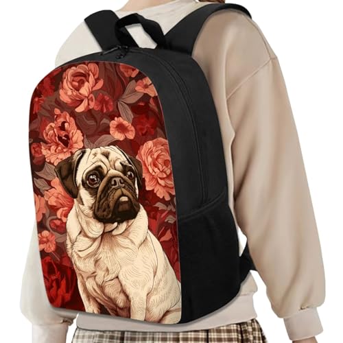 Pug Red Peony Travel Backpack for Girls Boys School Backpack Kids Laptop Backpack3