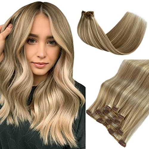 Image of Balayage Blonde Clip in Hair Extensions Real Human Hair 14 Inch 5pcs /70g Walnut Brown to Ash Brown Mixed Platinum Blonde Remy Human Hair Extensions Silky Straight Double Weft Clip in Extensions