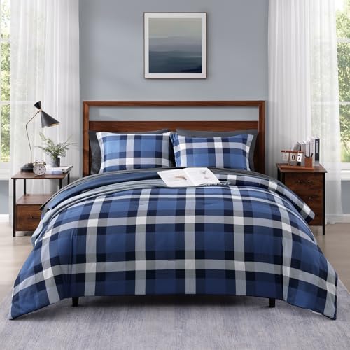 Image of MaiReve Queen Size Plaid Comforter Set Indigo Blue, Classic Checkered 7 Pieces Farmhouse Bedding Set, All Season Lightweight Bed in A Bag with Sheets, Pillowcases & Shams