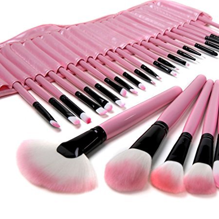 32 PCS Cosmetic Makeup Brushes Set Eyebrow Concealer Brushes Kit for Eye Shadow, Eyebrow, Blush, Concealer with Leather Pouch Case (Pink)