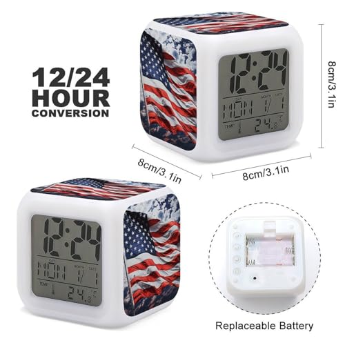 Reloj despertador bandera EE UU con luz LED de 7 colores y temperatura para mesita de noche 3