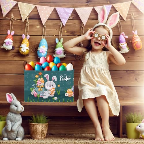 Image of Large Cute Easter Basket for Kid Empty Gift Baby Rectangle Storage Bin Bunny Eggs Boy&Girl Room Decor (Rabbit Blue)