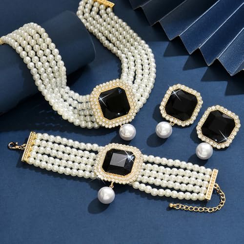 Geometric Square Rhinestones Pearl Choker Earrings Stretch Bracelet for Wedding Brides Vintage Mulit Layer Pearl Jewelry Set4
