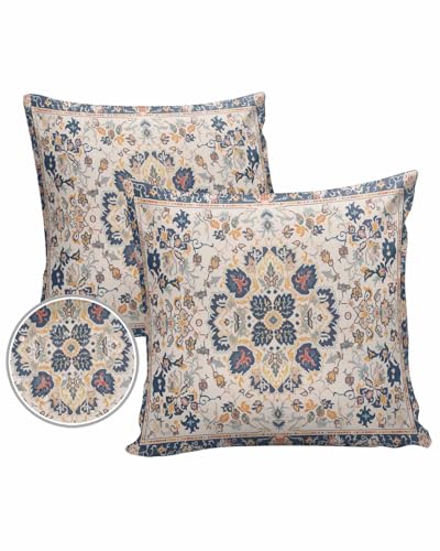 Beige Ethnic Boho Outdoor Pillow Cover 18x18 Inch Cushion Sham Case,Waterproof Decorative Square Throw Pillowcase for Outside Garden Patio Couch Chair Tent Oriental Bohemian Antique Tribal Floral