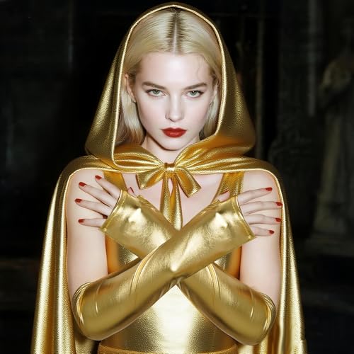 obmwang Long Shiny Metallic Fingerless Gloves Halloween Party Costume Gloves for Women and Girls, Gold