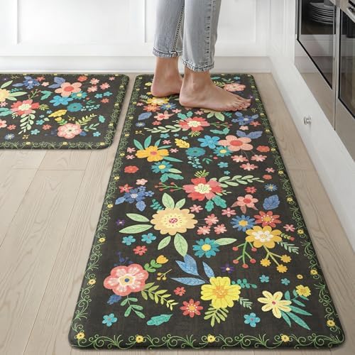 GENIMO Kitchen Mats for Floor 2PCS, Cushioned Kitchen Rugs Non Slip Washable, Farmhouse Anti Fatigue Mat Waterproof, Comfort Standing Mat Rug for Office, Home, Laundry, 17.3